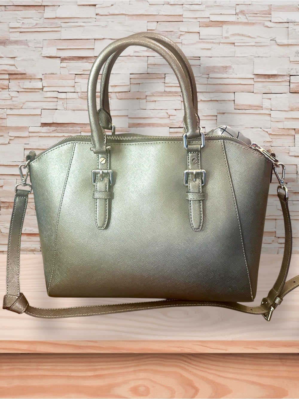 Michael Kors Ciara Large Metallic Silver Saffiano Leather Satchel - Picture 2 of 4